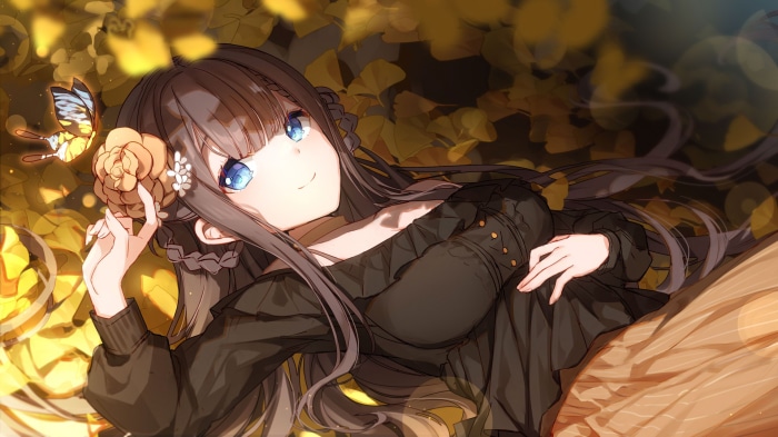 Anime girl with brown hair and blue eyes and a butterfly