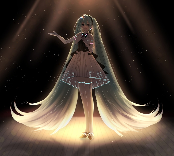 Hatsune Miku performing on stage with spotlights