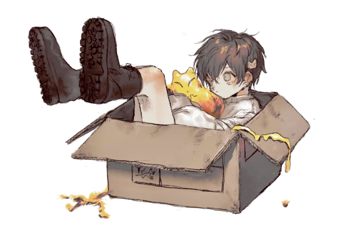 Boy and cat in a cardboard box