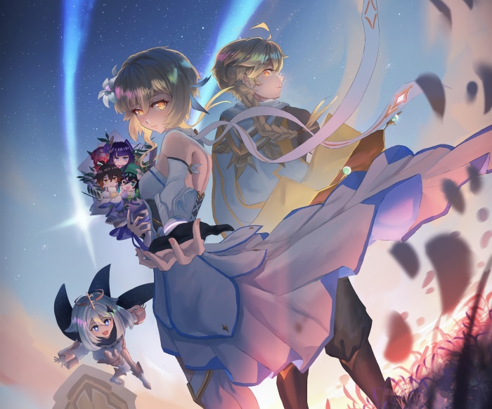 Lumine and Aether from Genshin Impact with Paimon