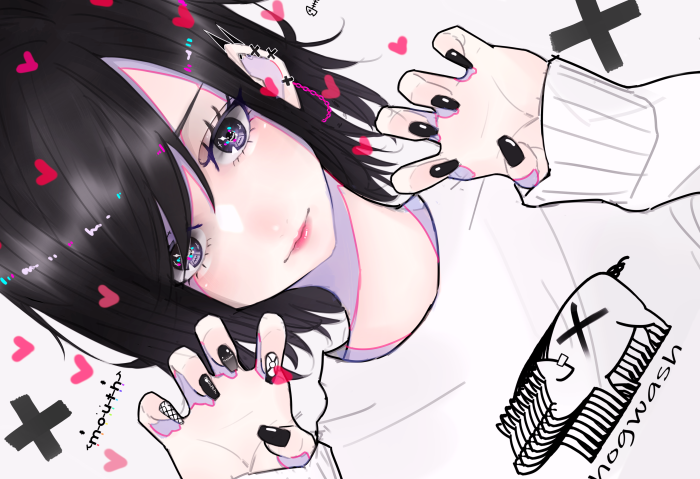 Anime girl with black hair and pink hearts