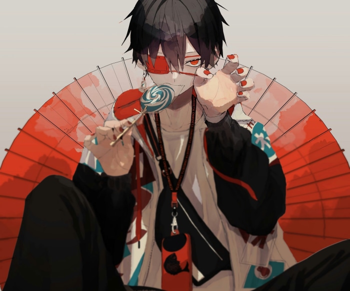 Anime boy with eye patch and lollipop
