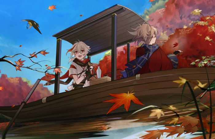 Kaedehara Kazuha and friend in a boat