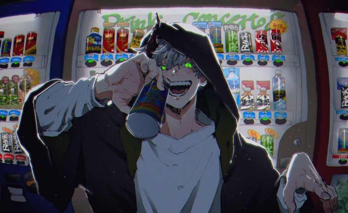 Anime boy with green eyes holding a drink can