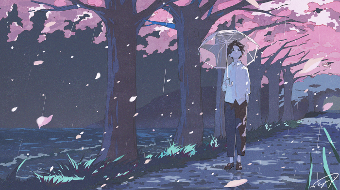 Boy with umbrella under cherry blossom trees in rain