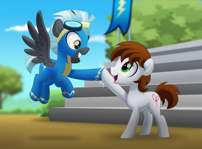 Thunderlane and another pony high-fiving