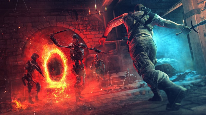 Man fighting skeletons near a fiery portal