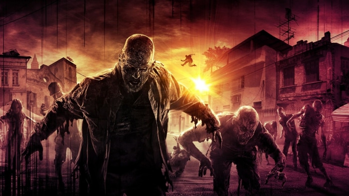 Zombies attacking in a city at sunset