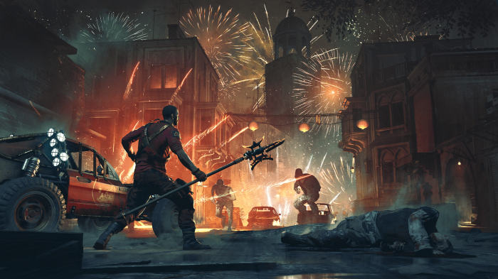Dying Light character with a weapon in a city
