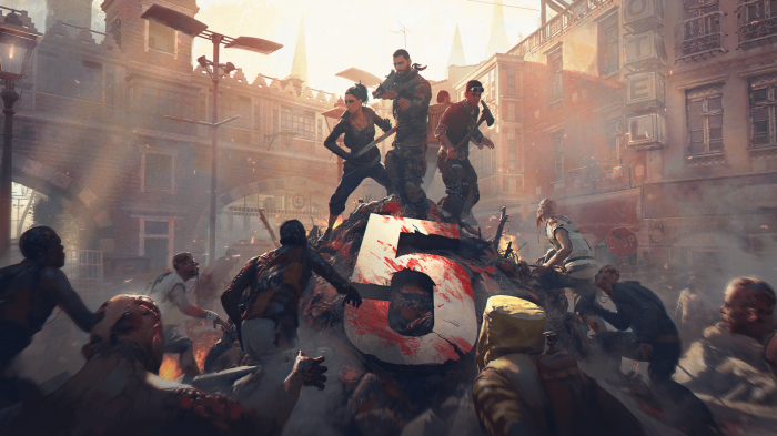 Survivors and zombies around the number 5 in Dying Light