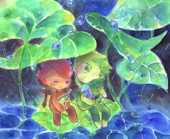 Fire Spirit Cookie and Wind Archer Cookie from Cookie Run in the rain