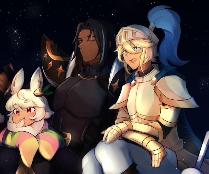 Knight Cookie, Moon Rabbit Cookie, and Dark Choco Cookie from Cookie Run