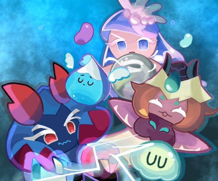 Lobster Cookie, Lantern Jellyfish, and Mocha Ray Cookie from Cookie Run