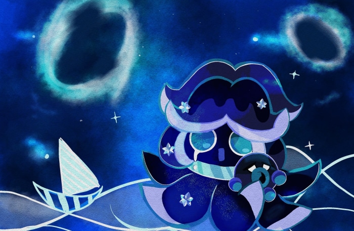 Squid Ink Cookie from Cookie Run with a small companion