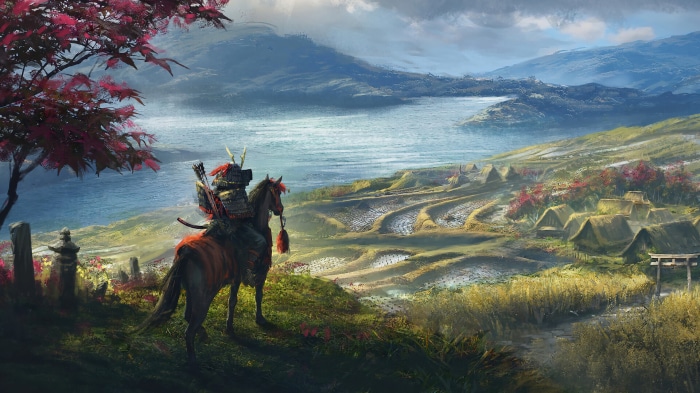 Samurai on horseback overlooking a village