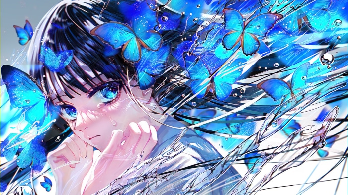 Anime girl with blue butterflies and water