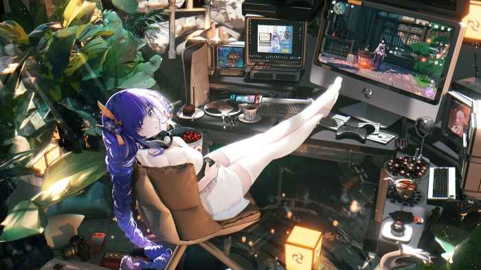 Girl with Braid at Computer 4K