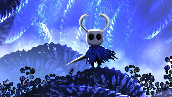 The Knight from Hollow Knight in a blue landscape