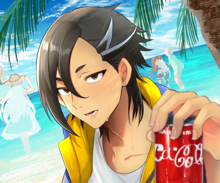 Man holding Coca-Cola on a beach