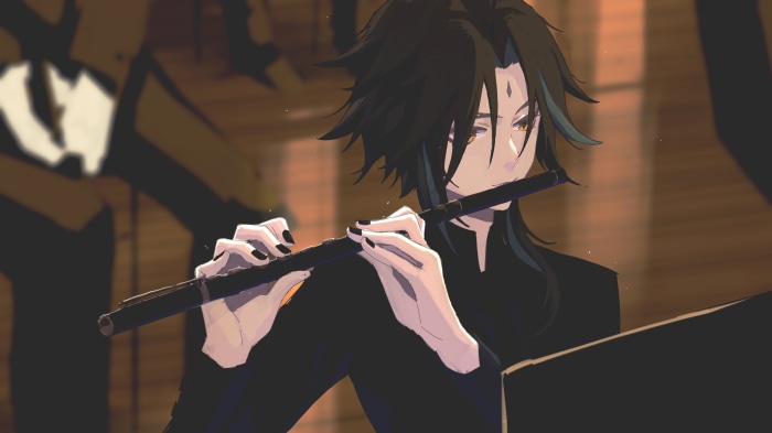 Xiao from Genshin Impact playing flute