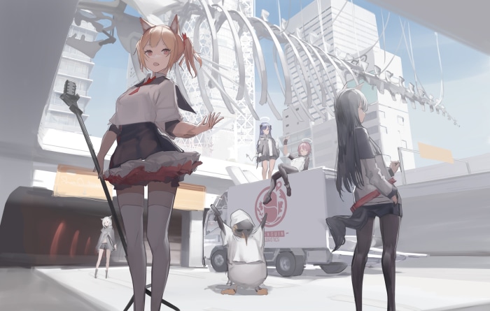 Arknights characters with a penguin and a truck