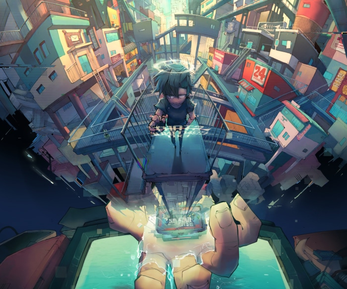 Boy in a futuristic city