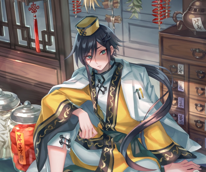 Anime boy in traditional Chinese medicine shop