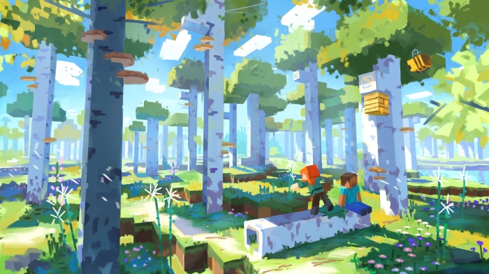 Steve and Alex from Minecraft in a forest
