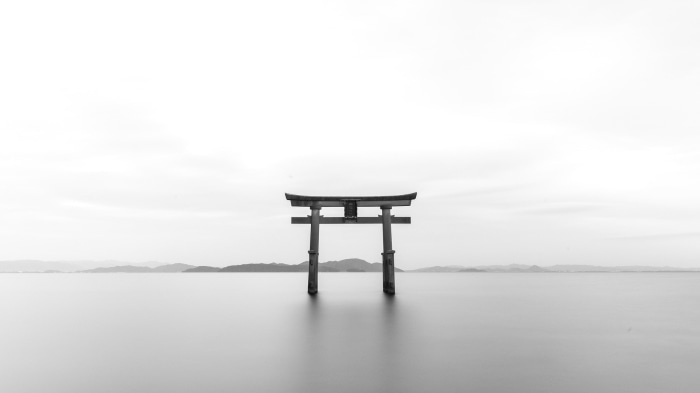 Torii gate in water with mountains