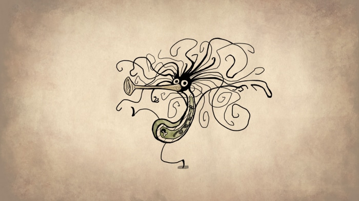 Cartoon creature with a trumpet-like nose and saxophone body