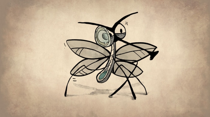 Mosquito wearing a mask and goggles