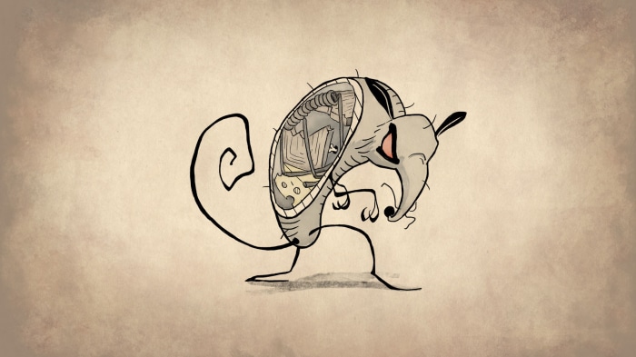 A cartoon mouse with its insides exposed