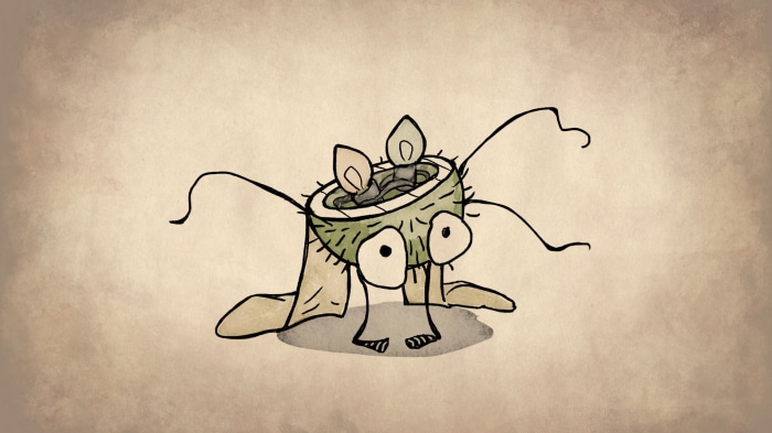 A cartoon creature made from a coconut shell