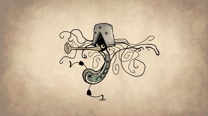 Cartoon creature with a bucket on its head and a trumpet nose