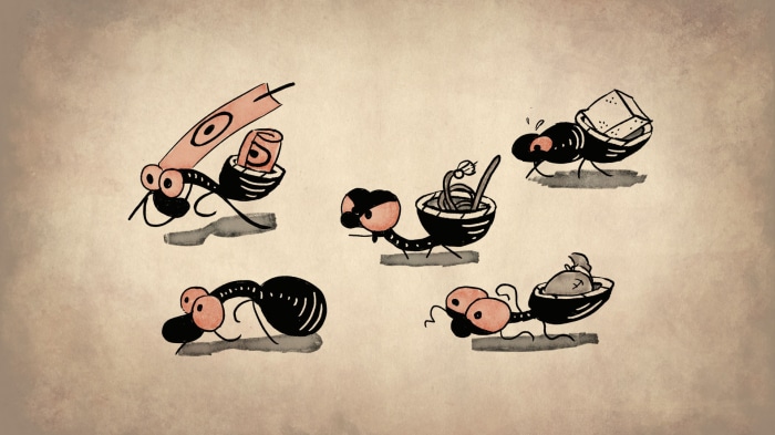 Ants carrying various items