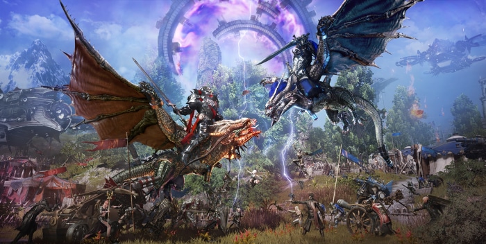 Two knights riding dragons in a battle