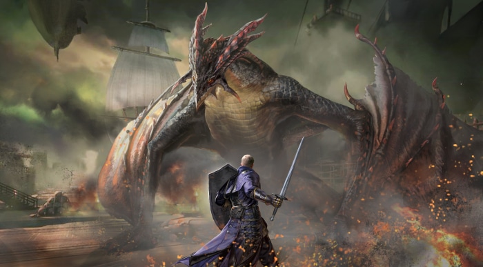 Dragon attacking a knight with airships in the background