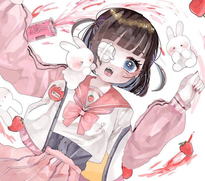 Girl in School Uniform with Rabbits and Strawberries