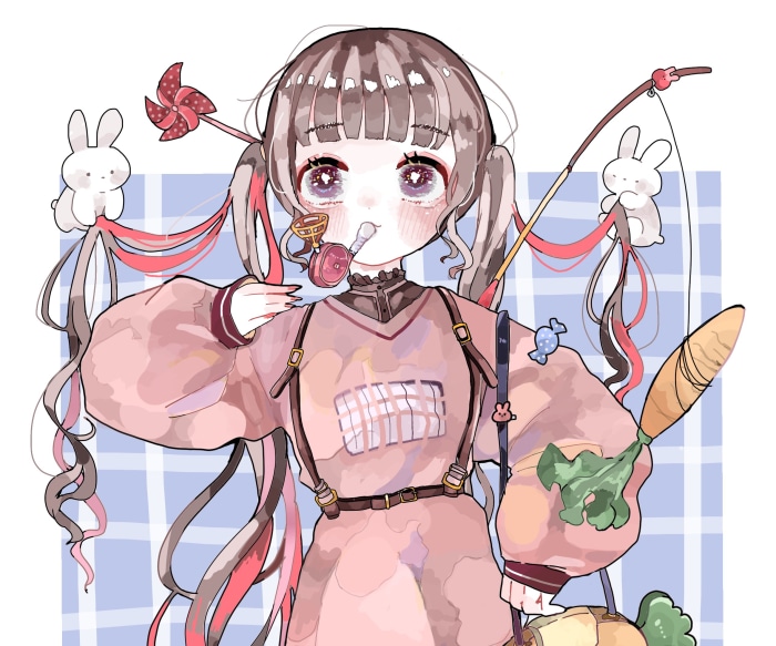 Anime girl with bunny ears and toys