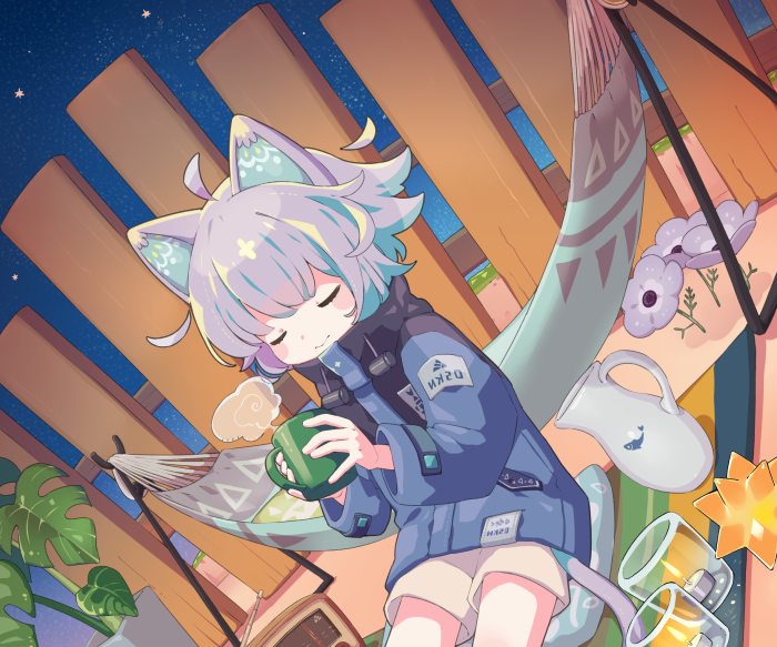 Anime girl with cat ears holding a mug