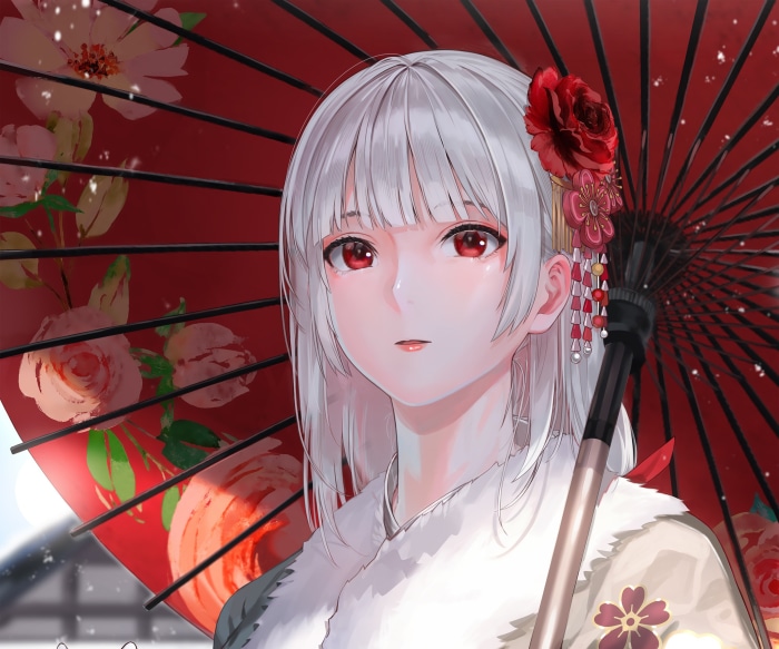 Girl with red eyes holding a red umbrella