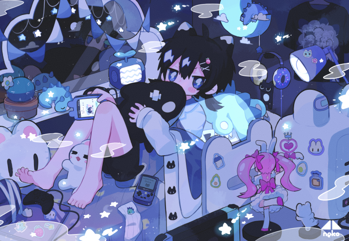 Anime boy with stuffed animals and gaming devices