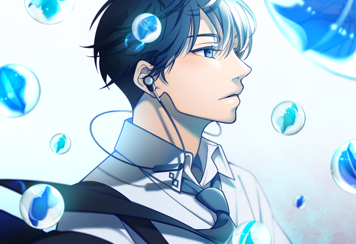 Anime Boy with Earbuds and Bubbles