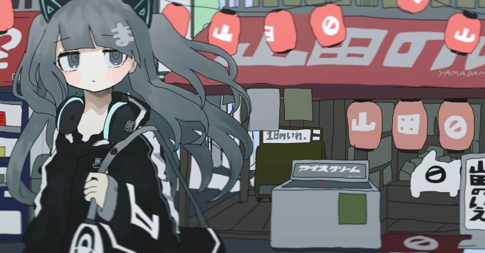 Girl with headphones in a Japanese street market