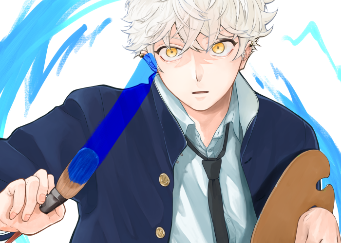 Yatora Yaguchi from Blue Period holding a paintbrush and palette