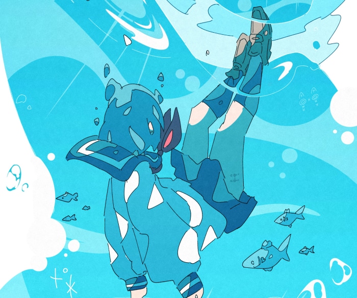 Girl in blue outfit underwater with fish