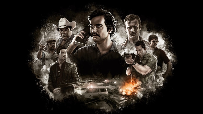 Narcos characters with guns and police cars