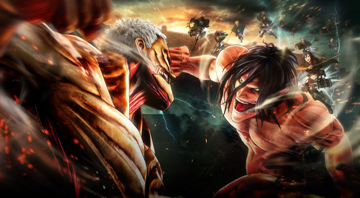 Eren Yeager and Armored Titan fighting in Attack on Titan