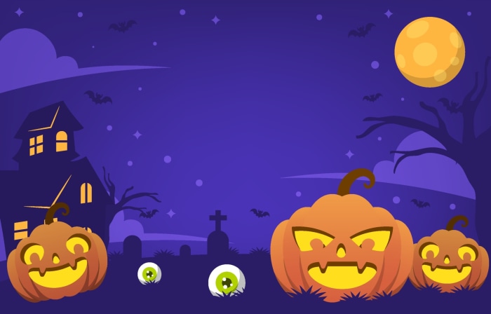 Halloween Night with Jack-O-Lanterns and Haunted House