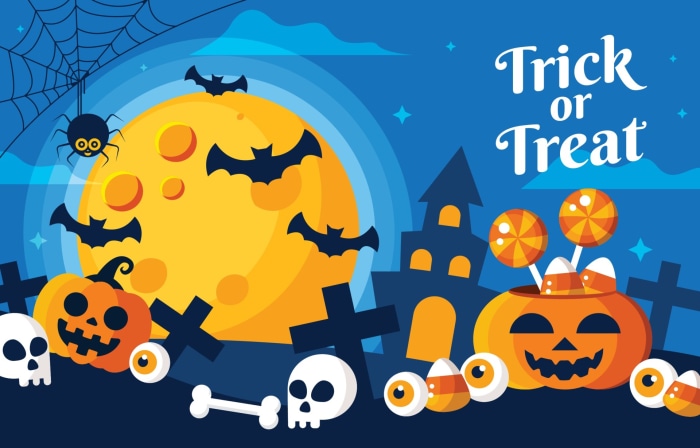 Halloween Trick or Treat with Jack-O-Lanterns and Bats